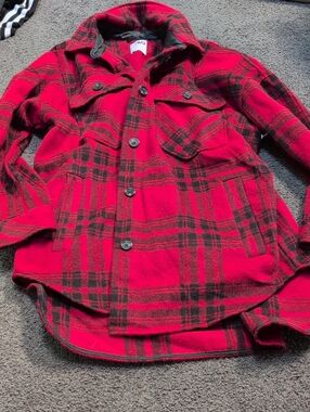 Women's  SO Red and Black Plaid Button-Down Shirt Jacket